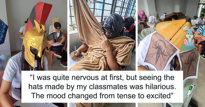 Teacher Asks Students To Make Simple “Anti-Cheating Hats” For Exams And They Go All Out