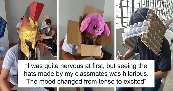 This Teacher In The Philippines Asked Her Students To Make Simple “Anti-Cheating Hats”, They Arrived Wearing Creative Pieces Of Art That Then Went Viral