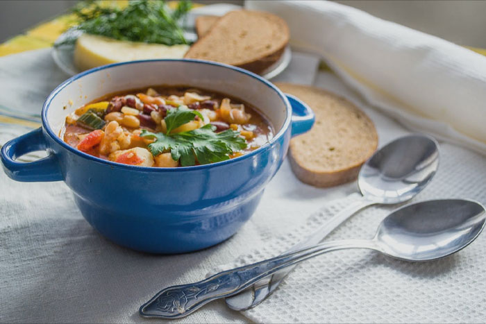 Homemade Soup in a blue bowl 