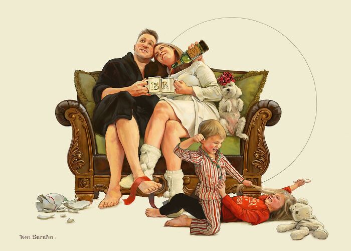 Every Year I Illustrate My Sister's Family's Christmas Card In The Style Of Norman Rockwell. Here's This Years!