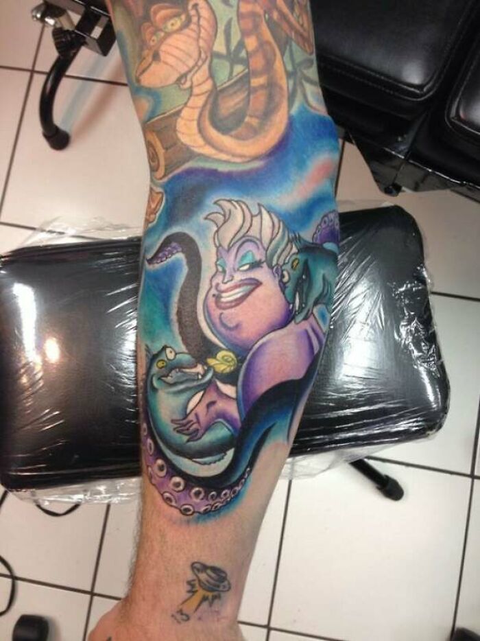 New Addition To My Disney Villains Sleeve! Ursula And Flotsam And Jetsam. Done By Kendal Harkey At Golden Lotus In Sherwood, AR