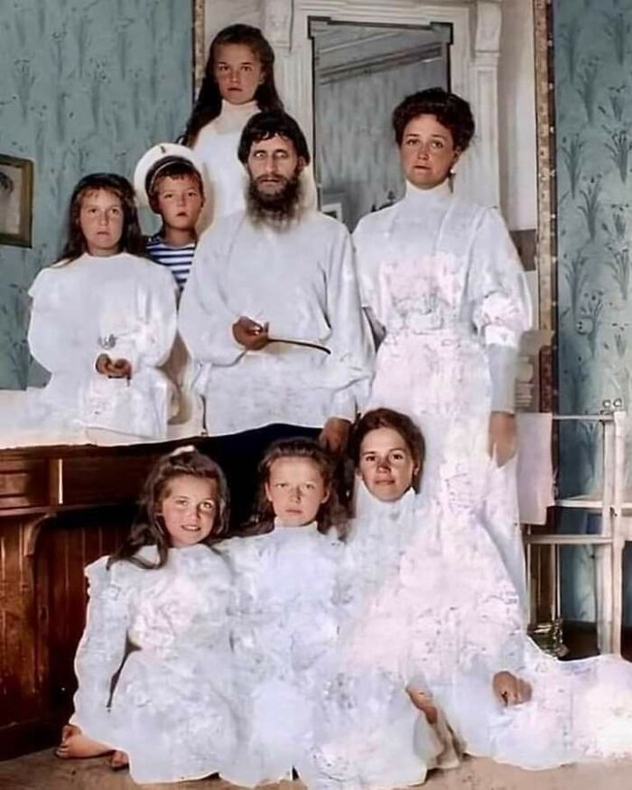 Colorized Photo Of Rasputin With Tsarina Alexandra Fyodorovna, Her Children And Their Nurse, 1908