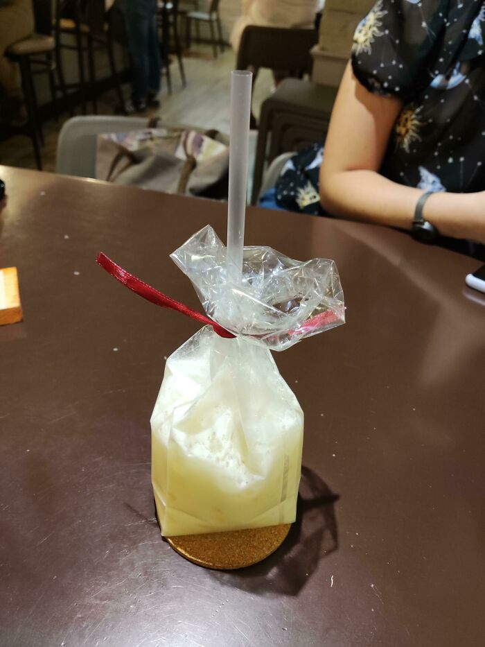 This Cocktail I Got In A Plastic Bag. We Also Want Glasses!