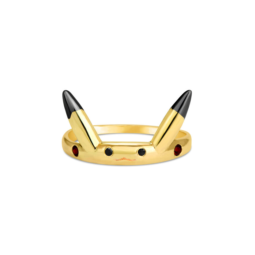 Gold Plated Pikachu Ring With Black Diamonds And Garnets