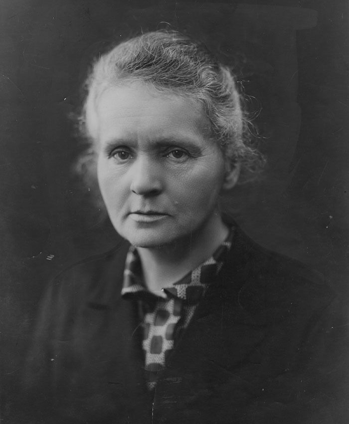 Black and white picture of Marie Curie looking