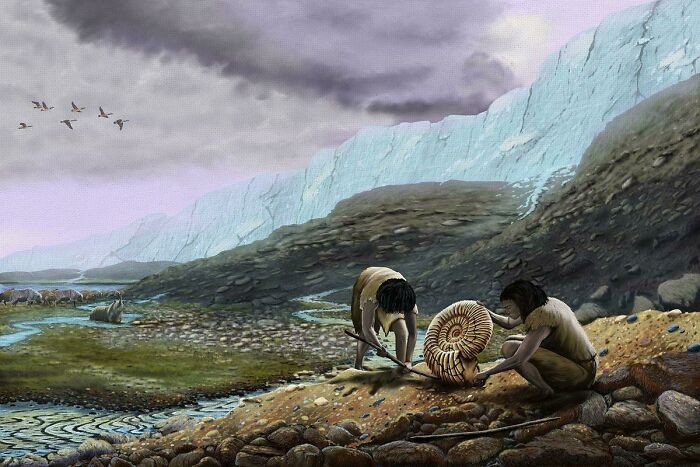 Neanderthal Hunters Discover A Peculiar Rock, A Fossilised Ammonite, Amongst The Vast Glaciers 125,000 Years Ago. Fantastic Art Piece By Mikhail Shekhanov