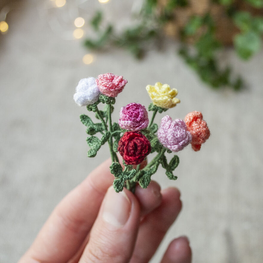 I Am A Miniaturist And Crochet Tiny Flowers.