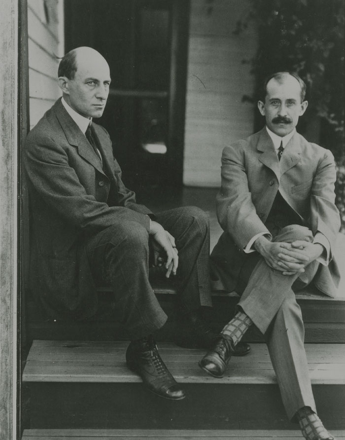 Black and white picture of Wright Brothers sitting and posing