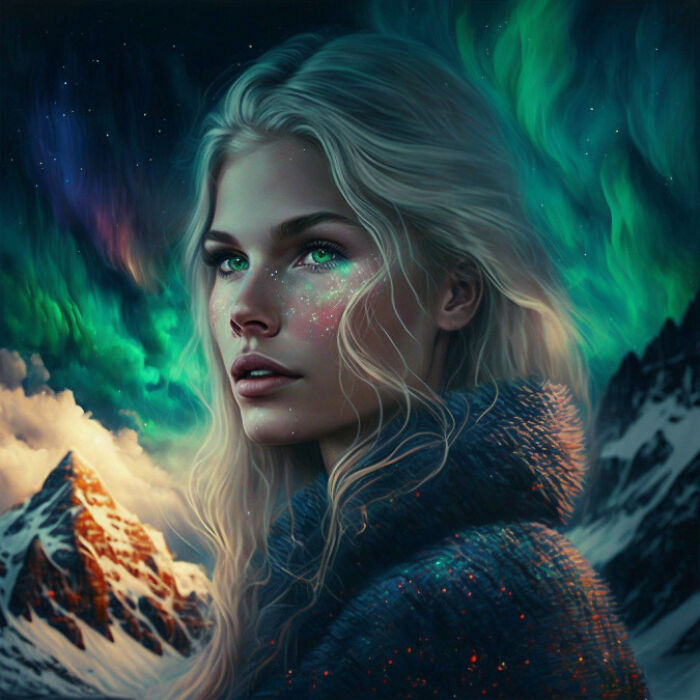 Norwegian woman with green eyes and blond hair in front of the aurora shining