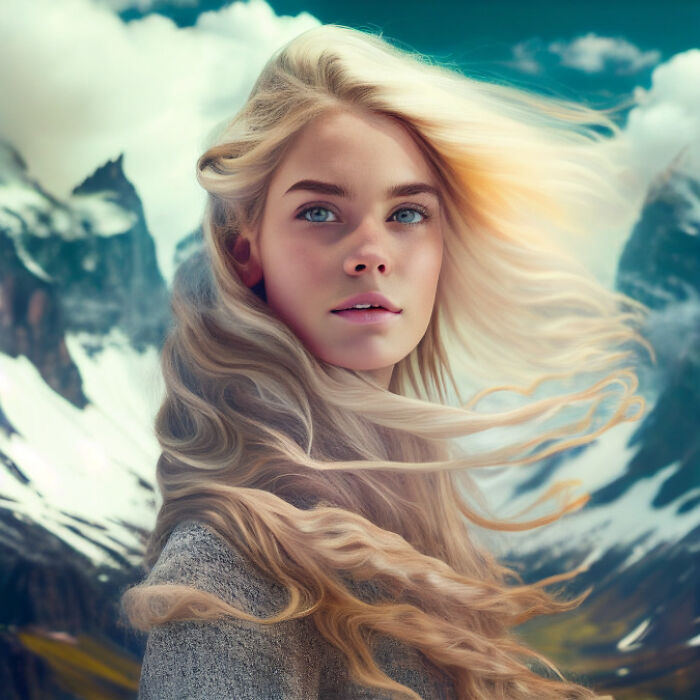 Swiss woman with blond hair in the mountains 
