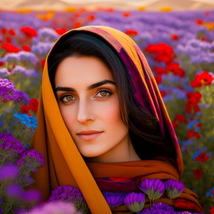 Iranian woman wearing shawl in the flower filed 