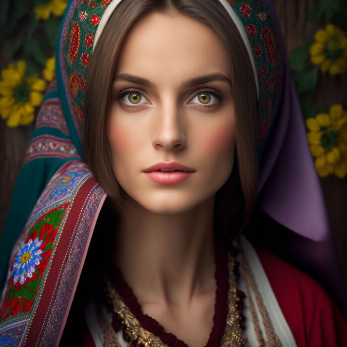 Ukrainian woman with brown hair and green eyes 