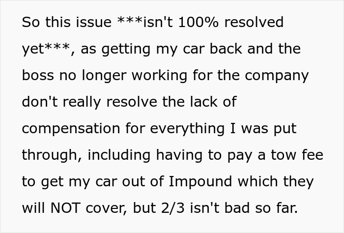 Entitled Boss Gets Placed On Leave After Wrongfully Towing Employee's Car For Parking In 'His Spot'