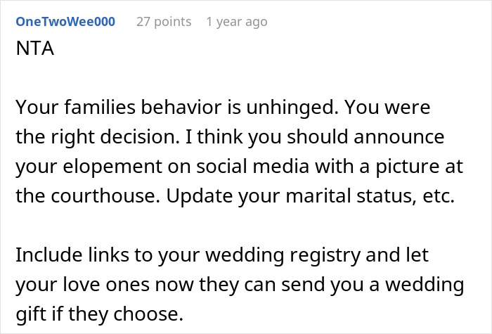 "Every Night They'd Call With Ultimatums": Couple Is Fed Up With Their Families Arguing Over Their Wedding And Decide To Elope