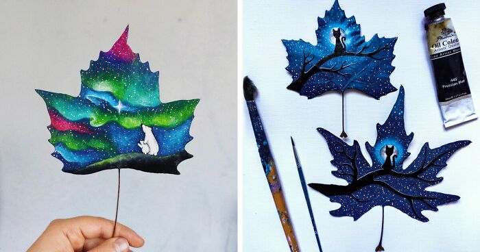 To Give Another Life To Fallen Autumn Leaves, I Use Them As A Painting Canvas And Then Frame Them (19 Pics)