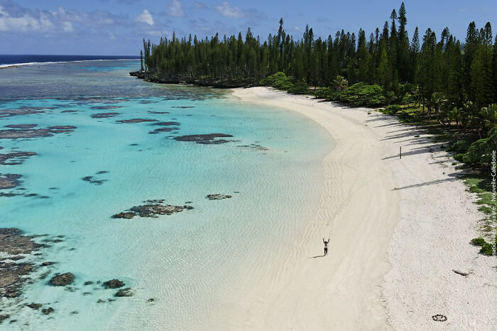 person with raised hands on the shore with white sand