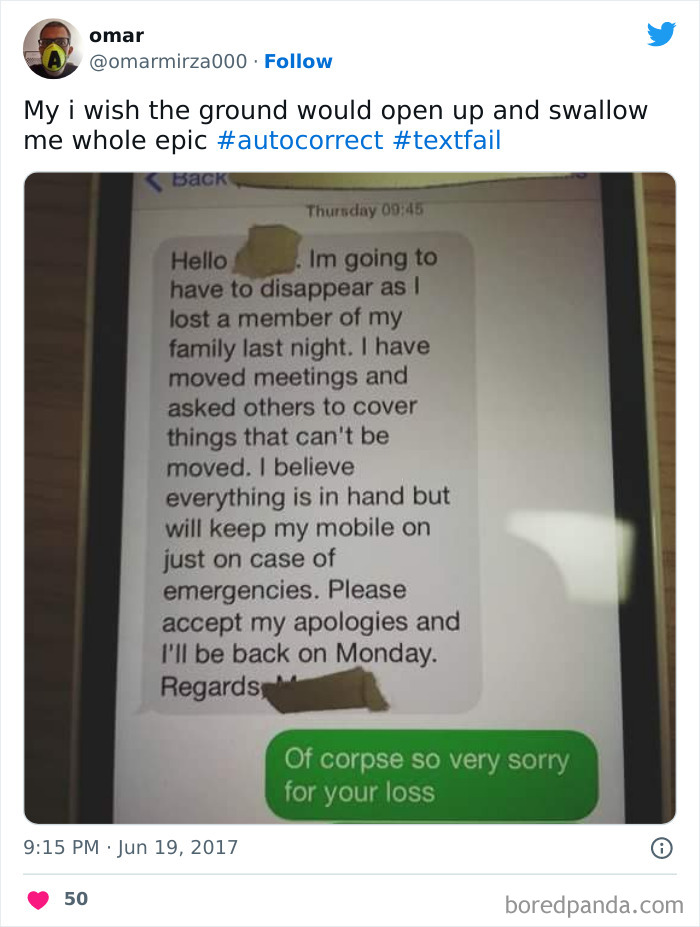 person saying corpse instead of course to a person who lost someone 