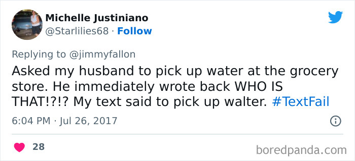 woman texted husband to pick up water but it spelled "walter" 