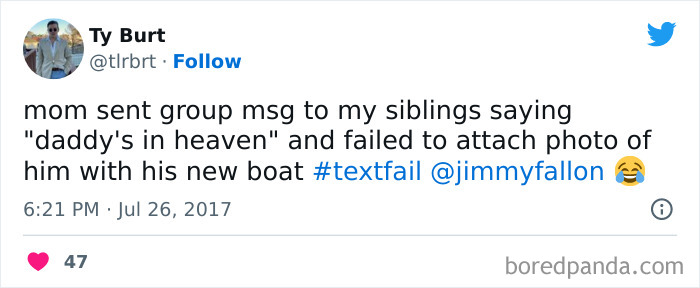 a tweet about mom saying "daddy's in heaven" without attaching photo of him on a boat 