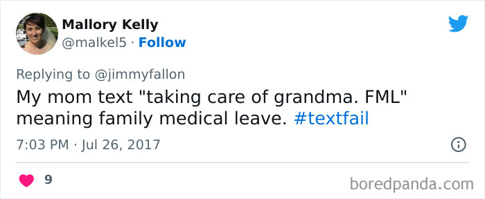 tweet about mom saying "taking care of grandma. FML"