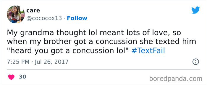grandmother sending "lol" to her grandson after concussion thinking it means "lots of love"