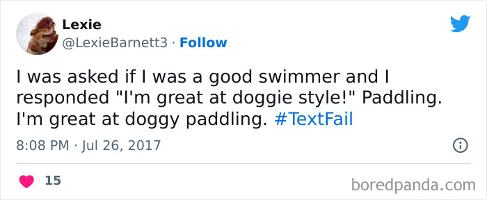 tweet about woman saying she is good at doggie style instead of a swimming 