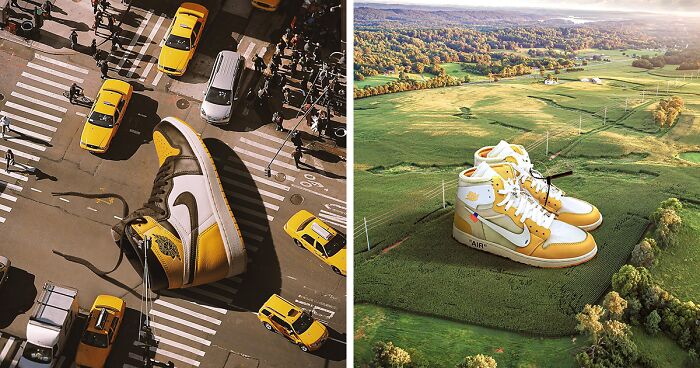 Sneakers As A Part Of Urban City Infrastructure Or Idyllic Nature Scenery: 79 Surrealistic Images By Carlos Jiménez Varela