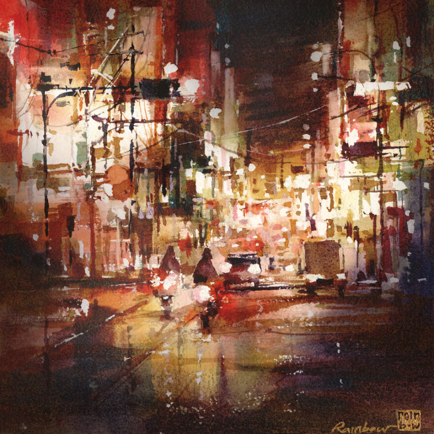 watercolor cityscapes night