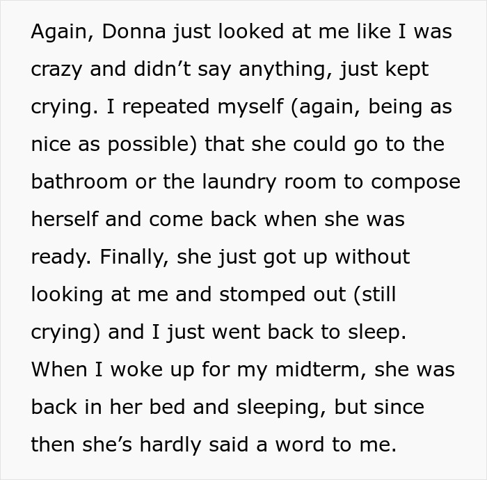 Woman Quits Helping When Roommate Won’t Calm Down For 1.5 Hours And Asks Her To Leave The Room, Results In The Silent Treatment