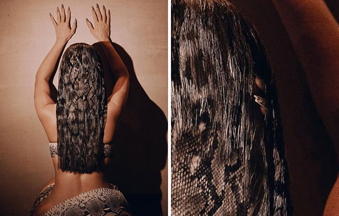 People Noticed Kim Kardashian's Fingers Still In Her Hair Despite The Fact She Has Both Hands On The Wall