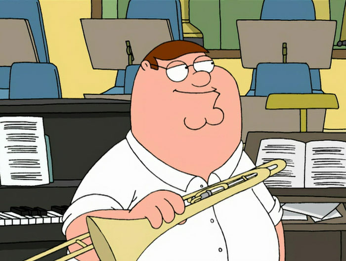 Peter Griffin holding a trumpet 