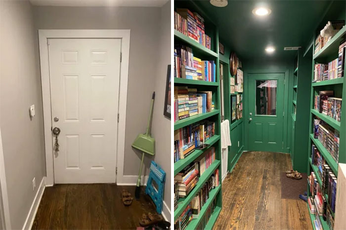 From The Moment I Saw This Odd, Off-Center Hallway In My 1880 Bungalow, I Knew It Was Meant To Become A Library. Before -> During -> After!