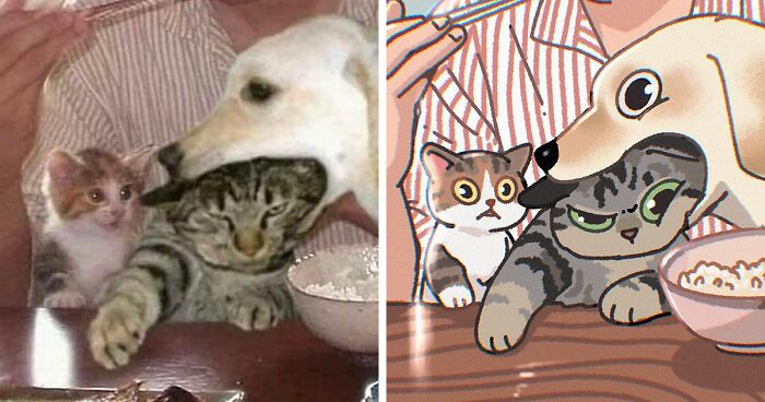 31 Hilarious Cat Pictures Transformed Into Cute Artwork By This Illustrator