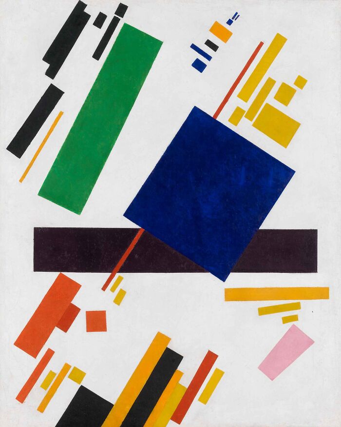 Suprematist Composition (blue rectangle over the red beam) by Kazimir Malevich, 1916, oil painting, geometric abstraction 