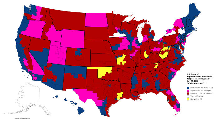 The U.S. House Of Representatives Voted Tuesday To Statutorily Codify Gay Marriage Into Law. The Vote Was 267 Yes, 157 No. Here's How Every Member Voted