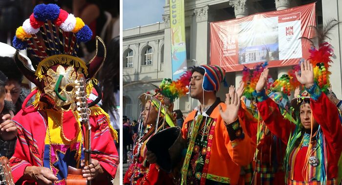 Persons celebrating Inti Raymi and wearing traditional clothes