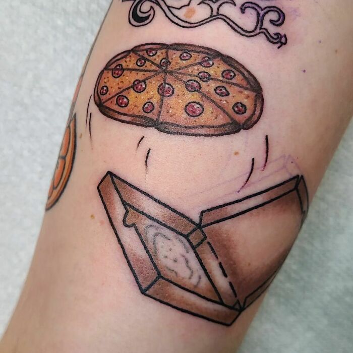 Pizza jumping from the box watercolor tattoo
