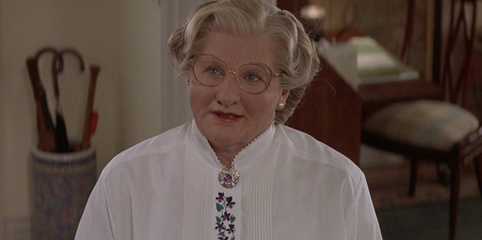 Daniel Hillard wearing Mrs. Doubtfire outfit from Mrs. Doubtfire