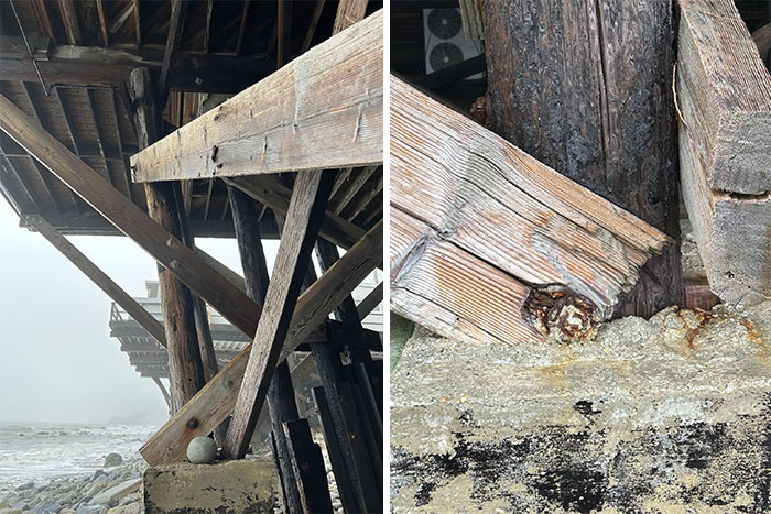 This Oceanside Deck’s Crooked And Unstable Support System Is Not Only An Eyesore, But Also A Safety Hazard. With This More In-Depth Photo, We Can See The Extent Of The Rot And Decay In This Wooden Structure. The Proximity To Saltwater And Exposure To Moisture Is Likely The Reason For The Damage, As It Can Accelerate The Decay Process, Weakening The Wood Fibers And Compromising The Overall Strength And Stability Of The Structure. If Left Unaddressed, The Rot And Decay Can Spread And Potentially Cause The Entire Structure To Fail