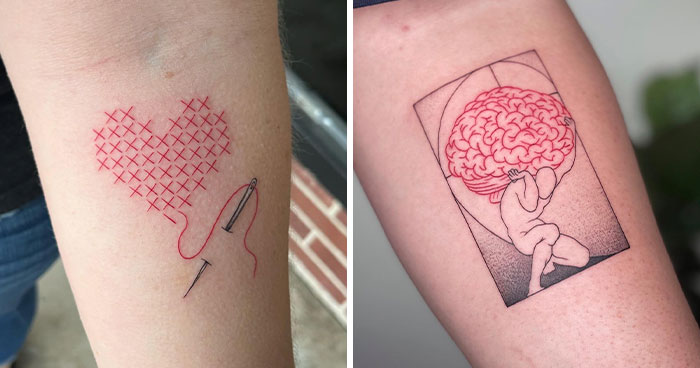 Fine line brain tattoo on the inner arm.