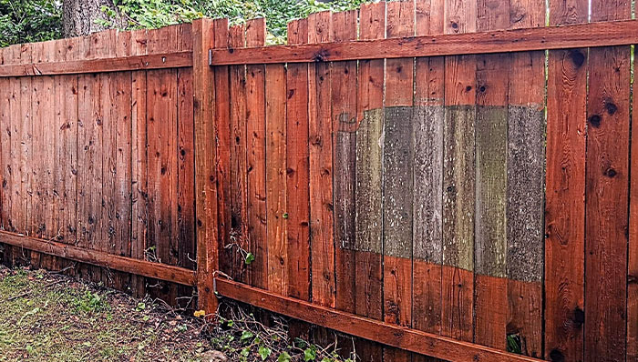 More Than 7-Year-Old Fence, Pressure-Washed. Green Square For Reference