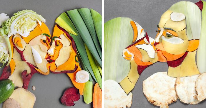 To Express People’s Stories Through Food Art, I Made 10 Vegetable Portraits Of Couples Kissing