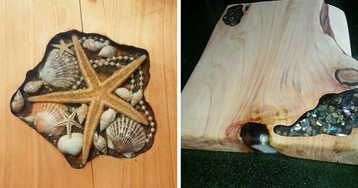 14 Table Makeovers That Had Cracks Filled With Seashells, Stones, And Starfish By These Artists