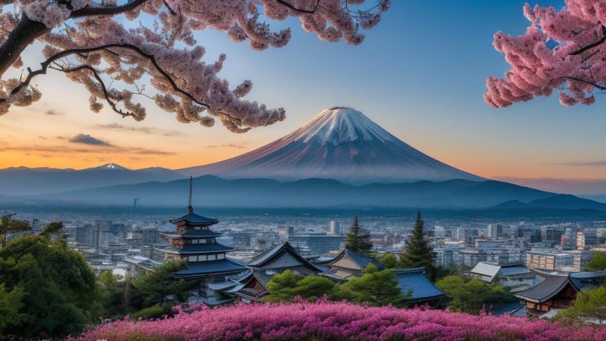 Mountain Fuji With Sakura Flower And Pagoda In The Background