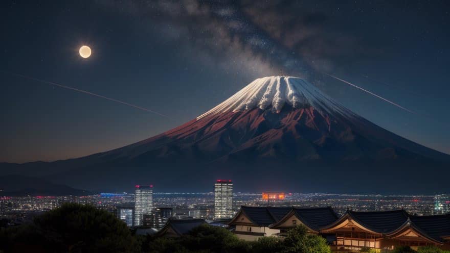 Mountain Fuji With Sakura Flower In The Background. In The Midnight With Full Moon