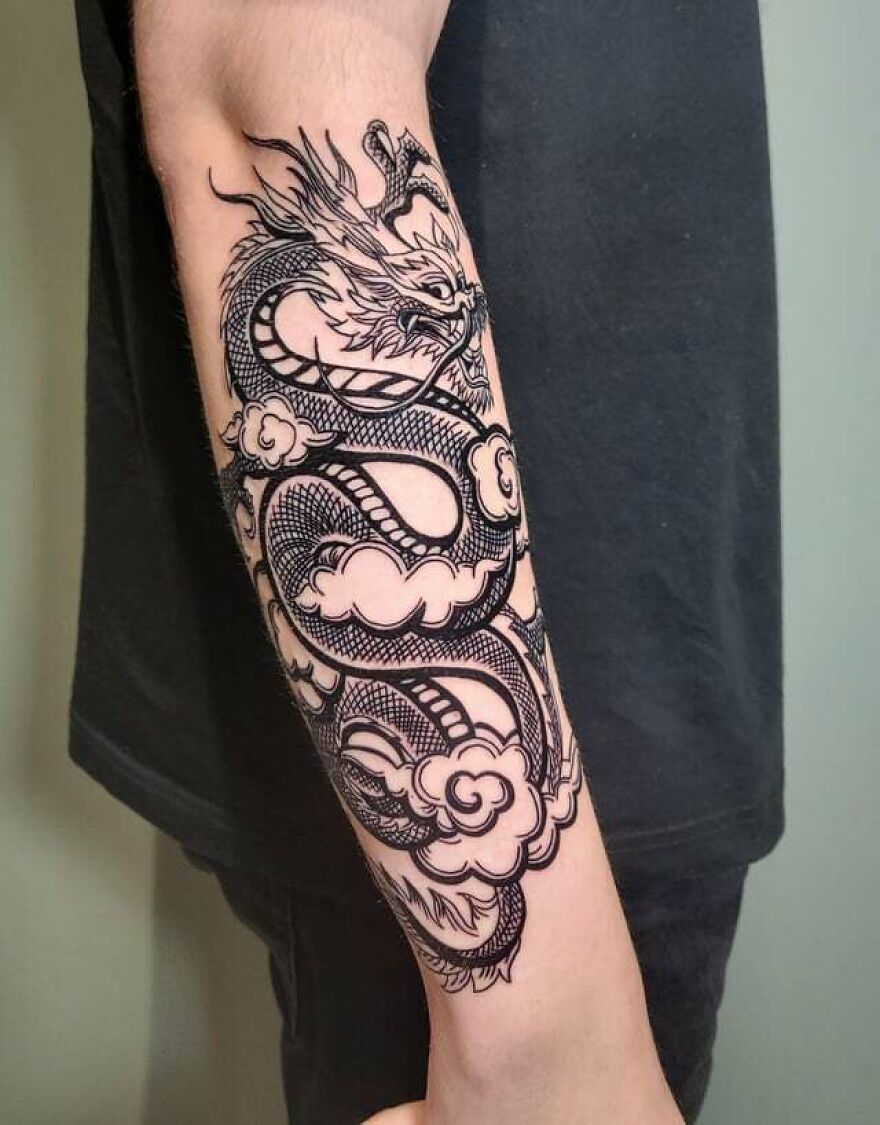 Detailed Shot Blue Green Dragon Tattoo Japanese Style Forearm Elbow Stock  Photo by ©YAYImages 258691742
