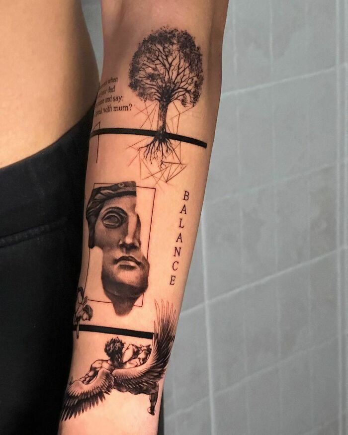 Modern tattoo inspiration. Microrealism leg tattoo composition by tatt