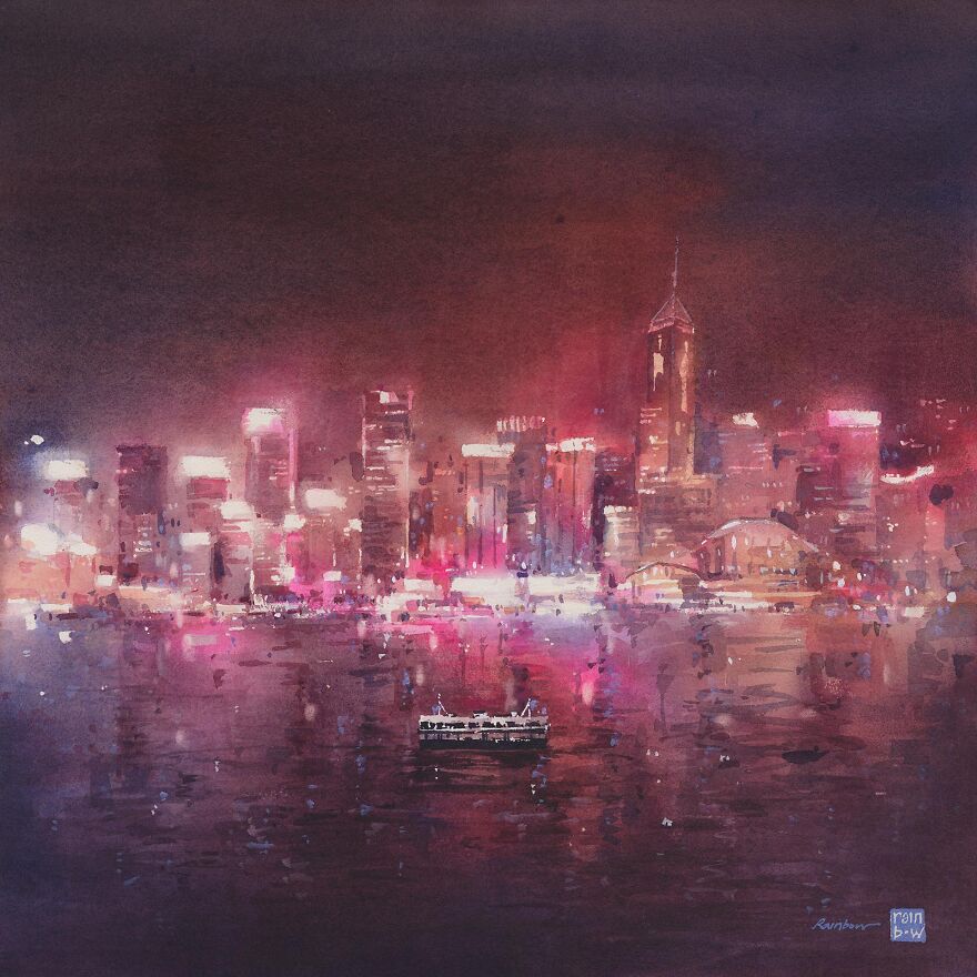 watercolor cityscapes night
