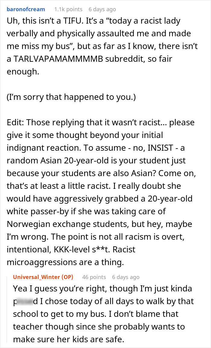 Teacher Assumes This 20 Y.O. College Student Is One Of Her Exchange Students And Grabs Their Arm When They Disobey Instructions