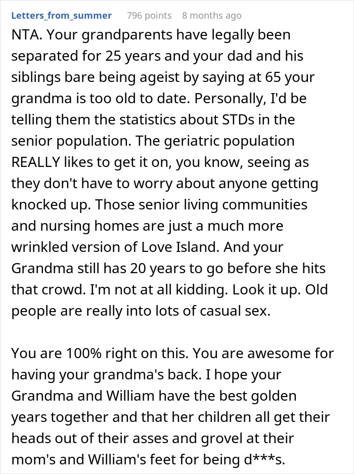 Guy Tells His Entire Family To "Grow Up" After They Got Mad At His 65 Y.O. Grandma For Having A Boyfriend And "Cheating" On Their Dad